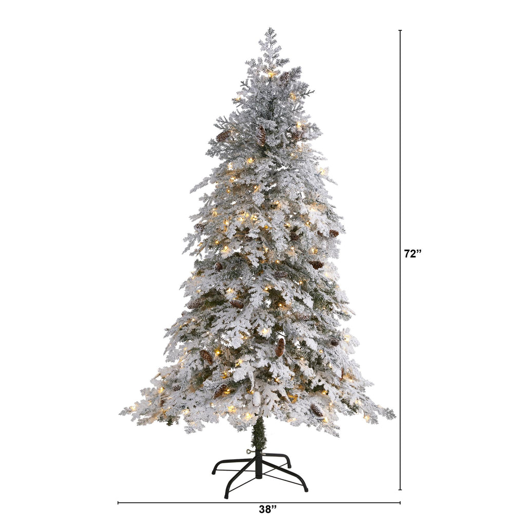Nearly Natural 6' Green Spruce Flocked Artificial Christmas Tree Prelit 250 Clear LED Lights