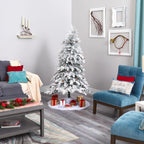 Nearly Natural 6' Green Spruce Flocked Artificial Christmas Tree Prelit 250 Clear LED Lights
