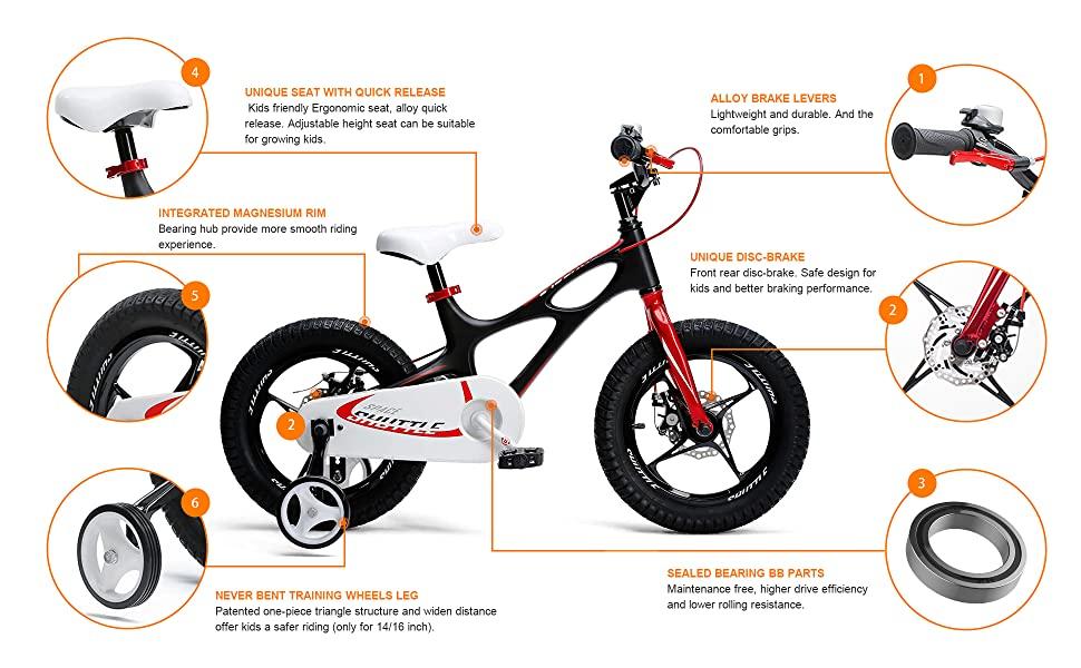RoyalBaby Kids Bike Boys Girls Space Shuttle White 14 Inch Magnesium 2 Hand Disc Brakes Training Wheels