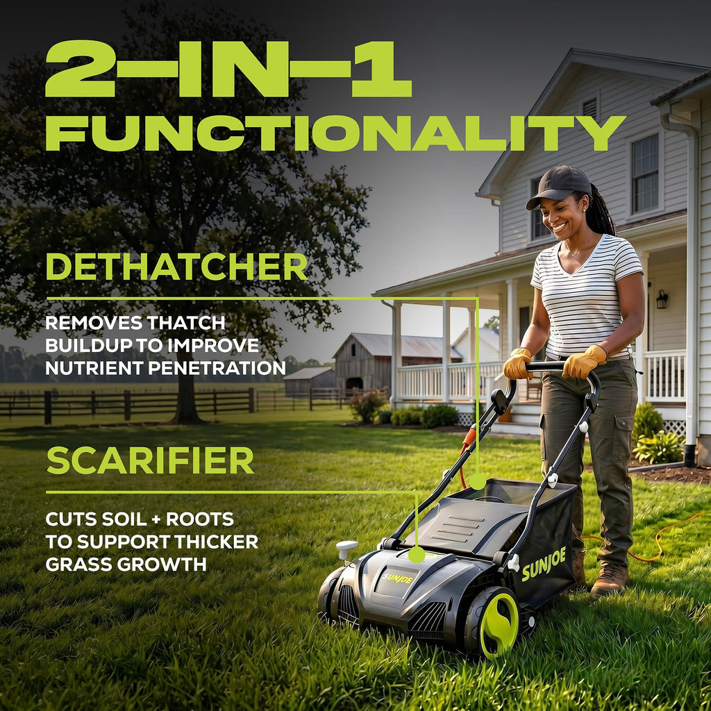 15-Inch Electric Powered Lawn Dethatcher with Scarifier Blade Reel and Collection Bag - 13-Amp Corded Yard Power Rake Tool Machine for Grass Thatch Removal, AJ805E