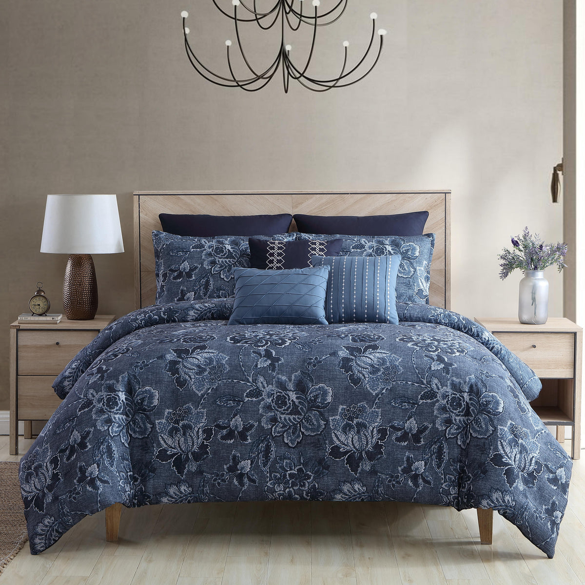 Riverbrook Home 9 Piece Comforter Set, King, Blue, Monique, Polyfill