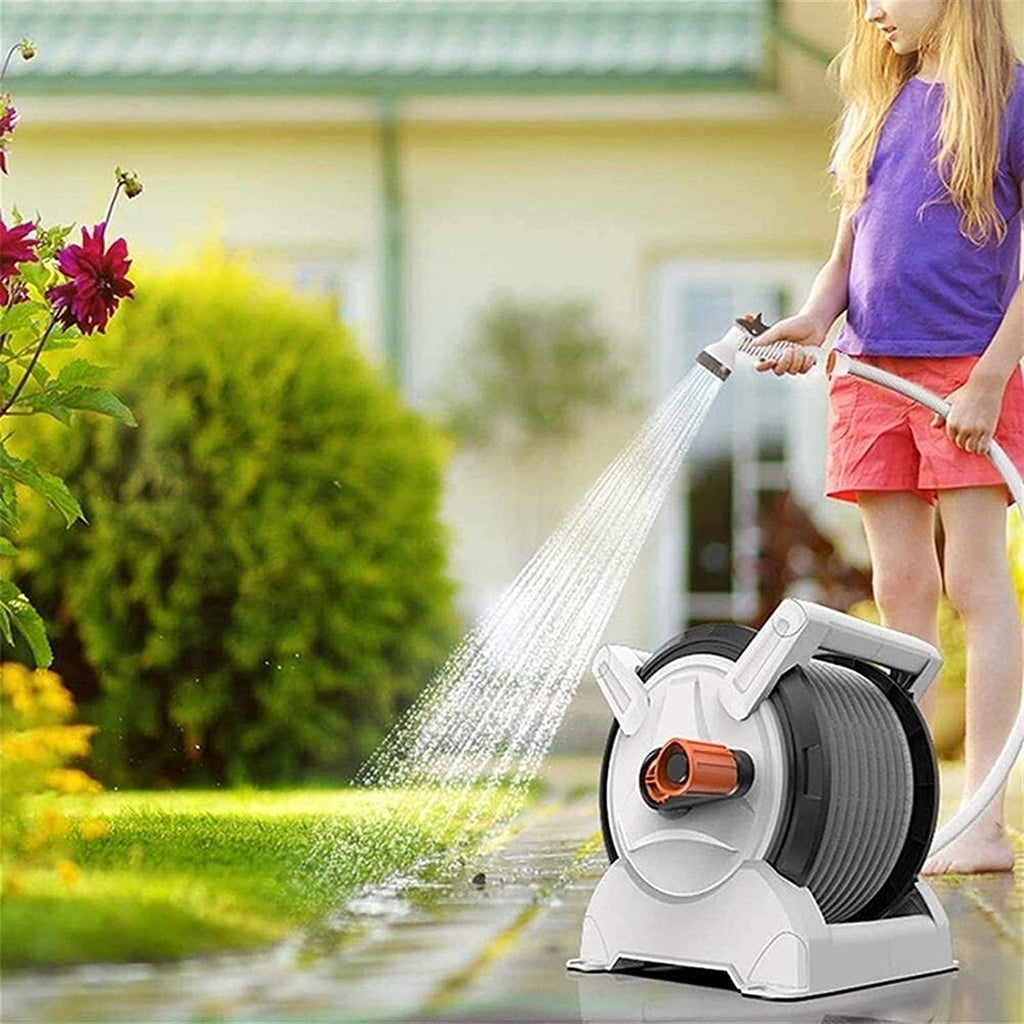 HMBB Garden Hose Nozzles, Hose Reel for Garden Gardening Terrace Hose Box, Hose Coil with 15m Hose, 7 Modes Hose Spray Gun, Locking Mechanism Retractable Automatic Garden Nozzle Simple Rewind