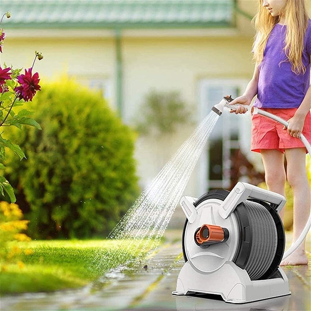HMBB Garden Hose Nozzles, Hose Reel for Garden Gardening Terrace Hose Box, Hose Coil with 15m Hose, 7 Modes Hose Spray Gun, Locking Mechanism Retractable Automatic Garden Nozzle Simple Rewind