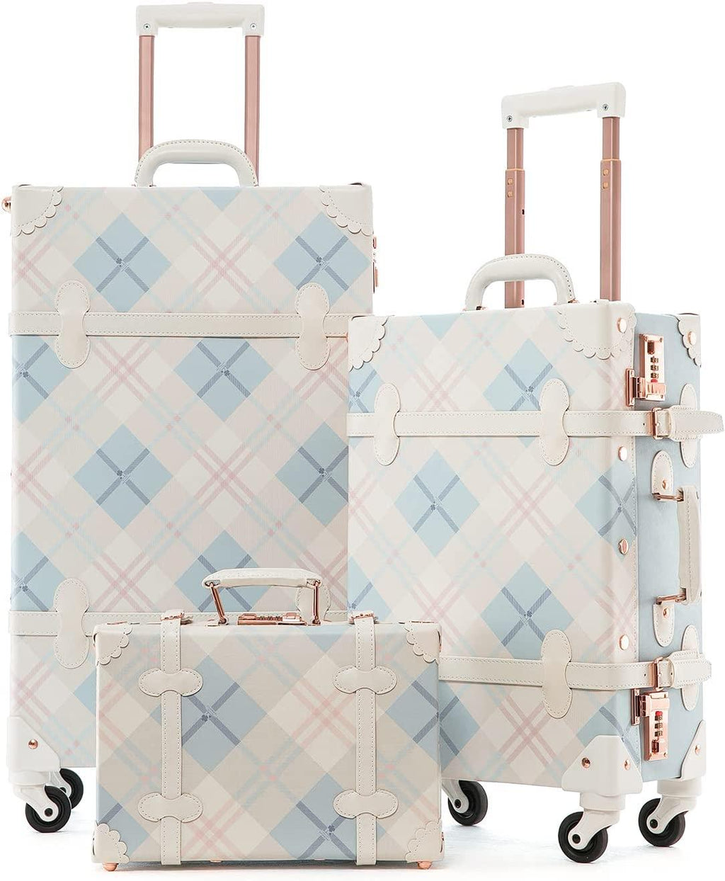 Trunk Combination Luggage Set, 3 Piece Hard Shell Retro Travel Suitcase with Wheels(Plaid,26"+20"+12")