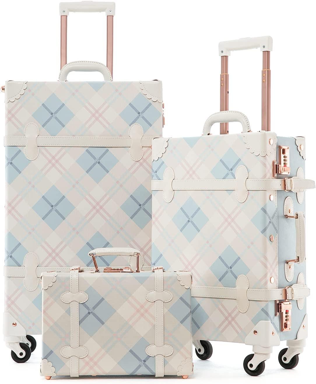 Trunk Combination Luggage Set, 3 Piece Hard Shell Retro Travel Suitcase with Wheels(Plaid,26"+20"+12")
