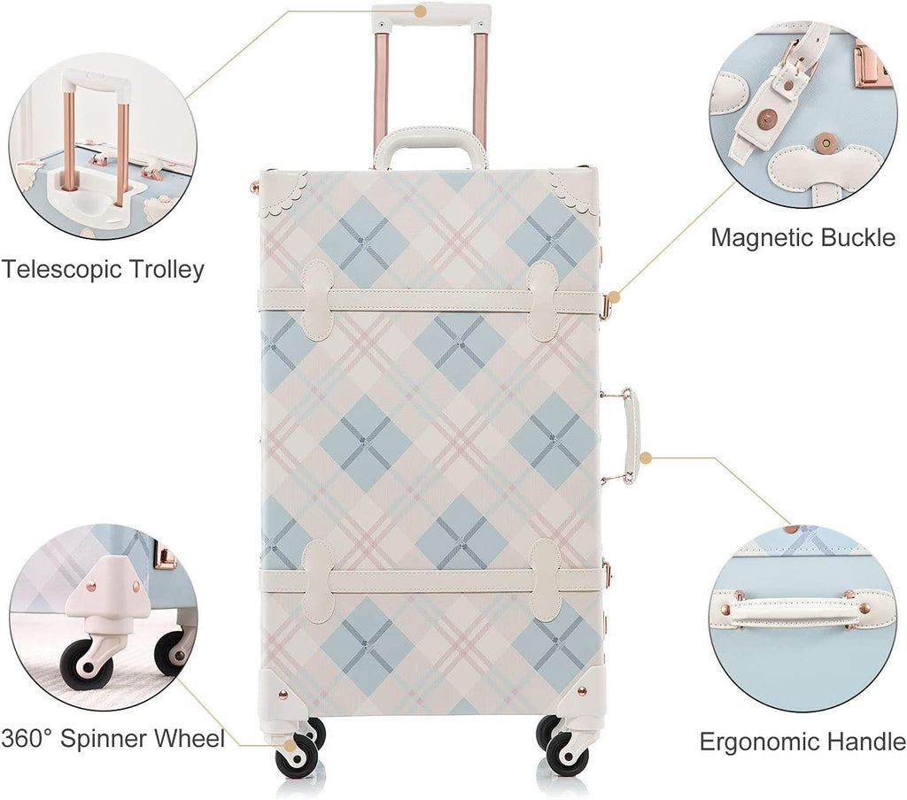 Trunk Combination Luggage Set, 3 Piece Hard Shell Retro Travel Suitcase with Wheels(Plaid,26"+20"+12")