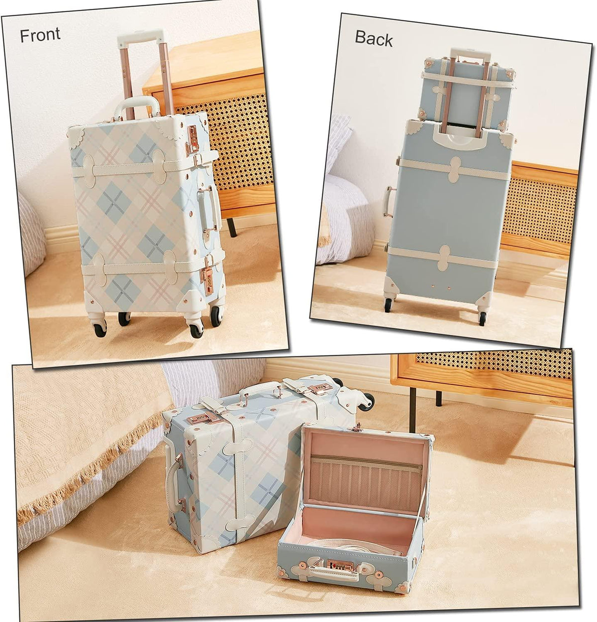 Trunk Combination Luggage Set, 3 Piece Hard Shell Retro Travel Suitcase with Wheels(Plaid,26"+20"+12")