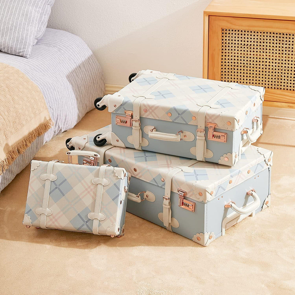 Trunk Combination Luggage Set, 3 Piece Hard Shell Retro Travel Suitcase with Wheels(Plaid,26"+20"+12")