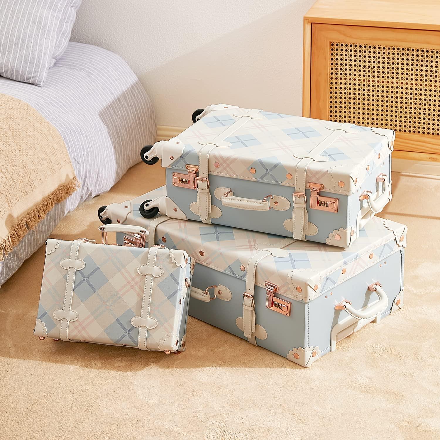Trunk Combination Luggage Set, 3 Piece Hard Shell Retro Travel Suitcase with Wheels(Plaid,26"+20"+12")
