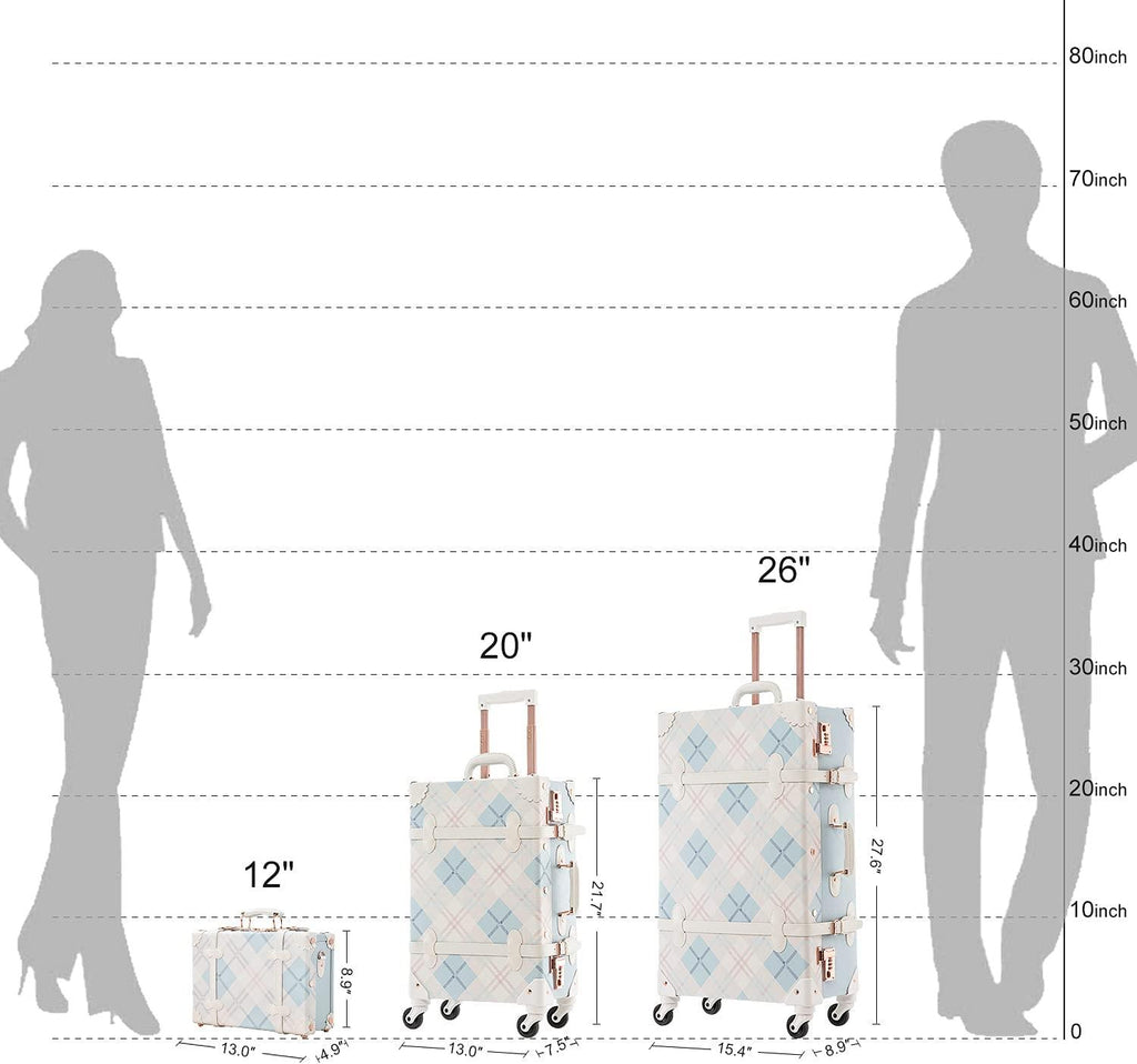 Trunk Combination Luggage Set, 3 Piece Hard Shell Retro Travel Suitcase with Wheels(Plaid,26"+20"+12")