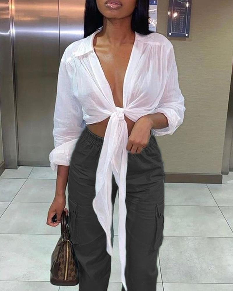 long sleeve knot front crop shirt