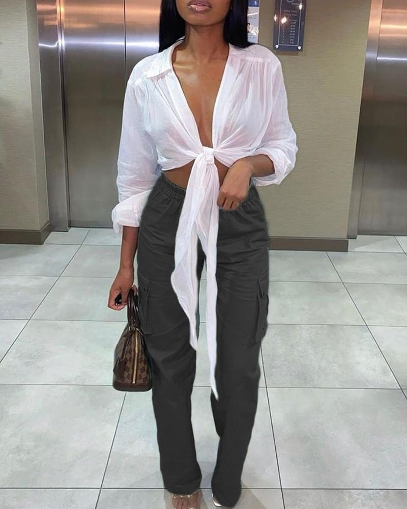 long sleeve knot front crop shirt