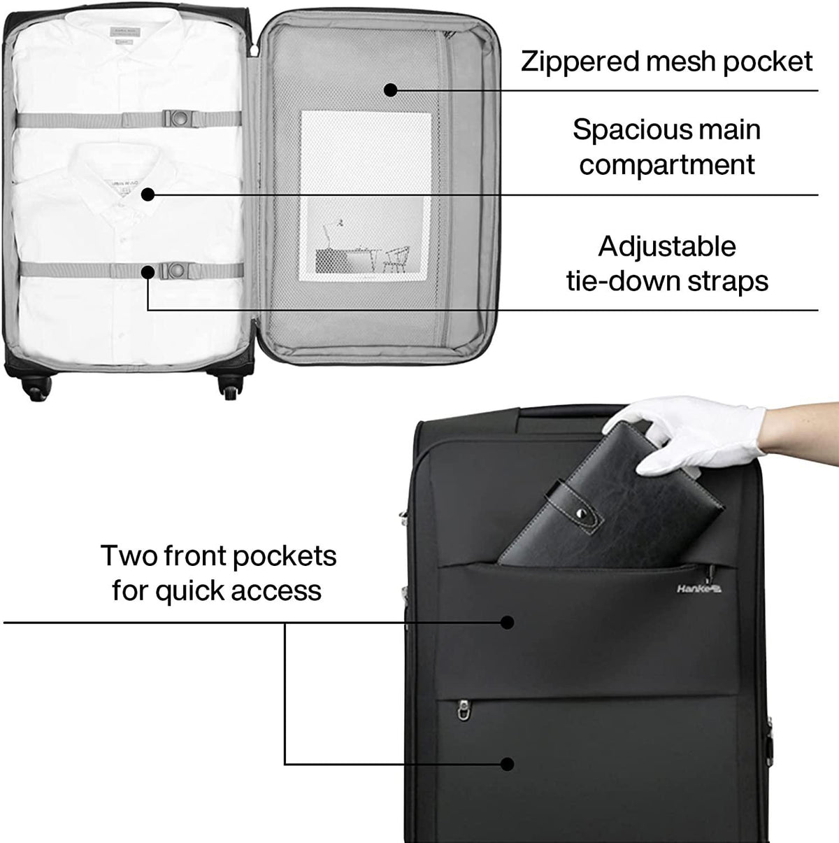 Softside Expandable Luggage sets with Spinner Wheels, Lightweight upright Suitcase with TSA Lock, Extra Large Rolling Luggage for Family Travel,nestable storage 3-Piece Set 20/24/28(black)