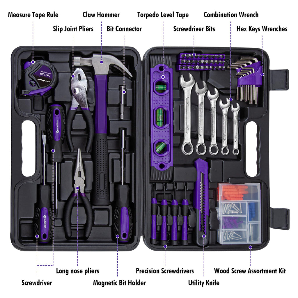 152-Piece Household Tool Set, Purple Hand Kit With StoraCase Box | Complete tool assortment for home repairs, office fixes, dorm needs, furniture setup, crafting, and everyday household fixes.