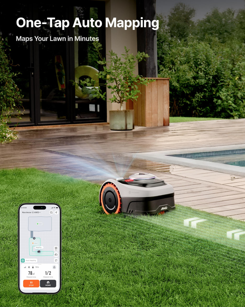 Segway  i210 AWD Robot Lawn Mower Wire with GaraS, All-Wheel Drive for 45% Slopes, EFLS NRTK + Vision Auto Mapping, Covers 1/4 Acre (GaraShipped Separately)