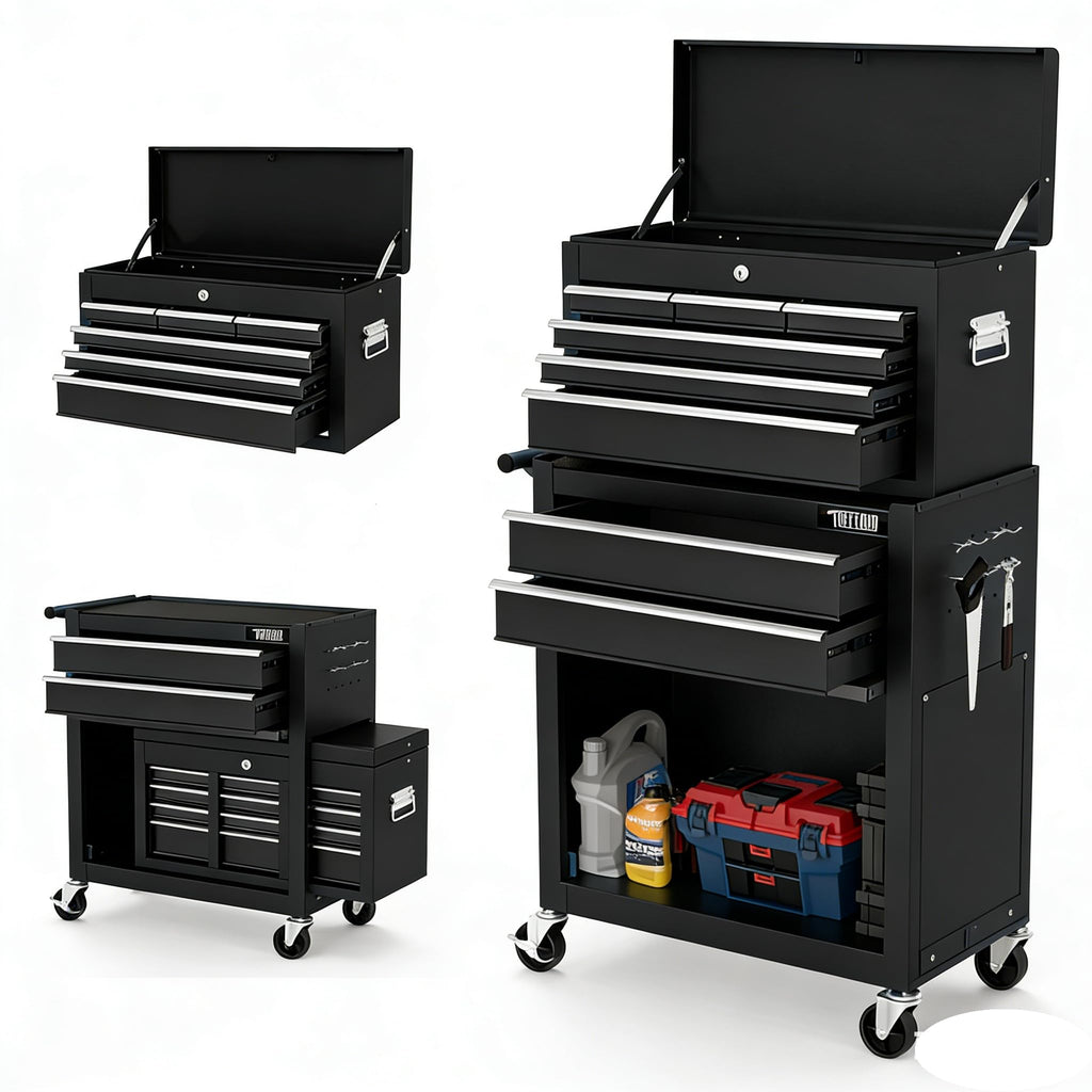 8-Drawer Rolling Tool Chest w/Lock, Tool StoraCabinet w/Wheels, Detachable Top, Drawers & Drawer Liners, Tool Organizer Box for Garage, Warehouse & Repair Shop