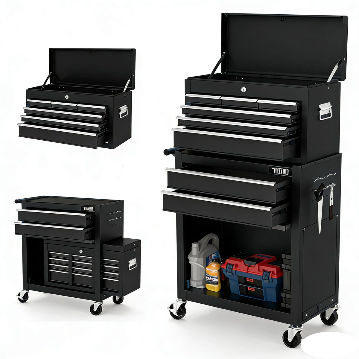 8-Drawer Rolling Tool Chest w/Lock, Tool StoraCabinet w/Wheels, Detachable Top, Drawers & Drawer Liners, Tool Organizer Box for Garage, Warehouse & Repair Shop