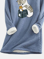 Round Neck Fun Cat Print Plus Velvet Long-sleeved T-shirt