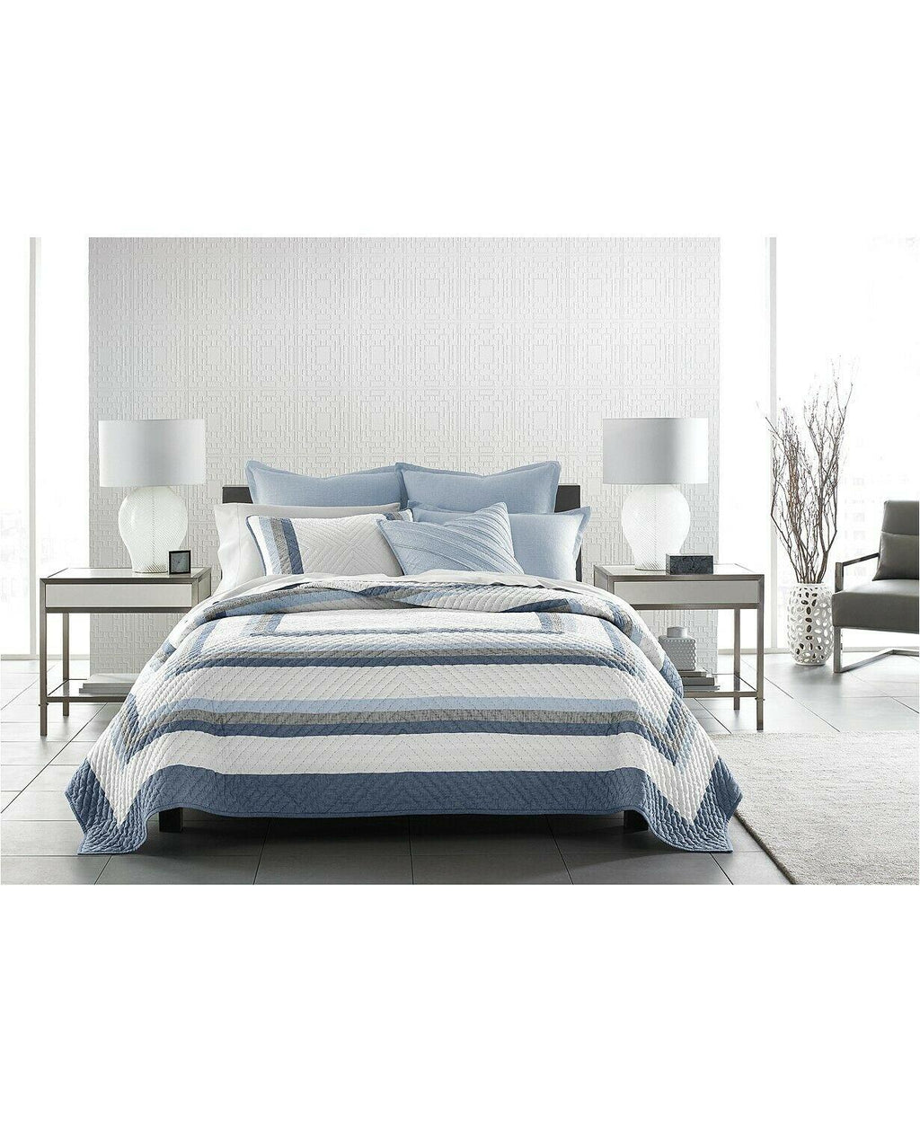 Hotel Collection Frame Pieced Concentric Stripe Cotton Linen Quilt - - Blue