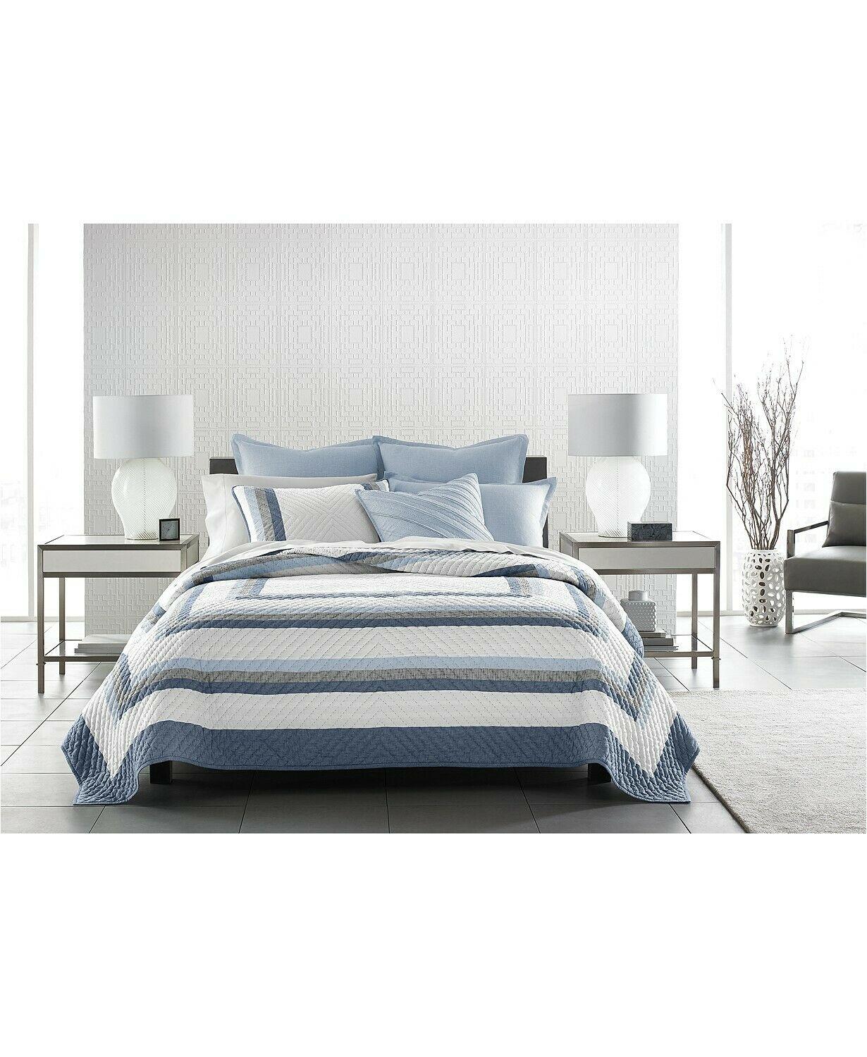 Hotel Collection Frame Pieced Concentric Stripe Cotton Linen Quilt - - Blue