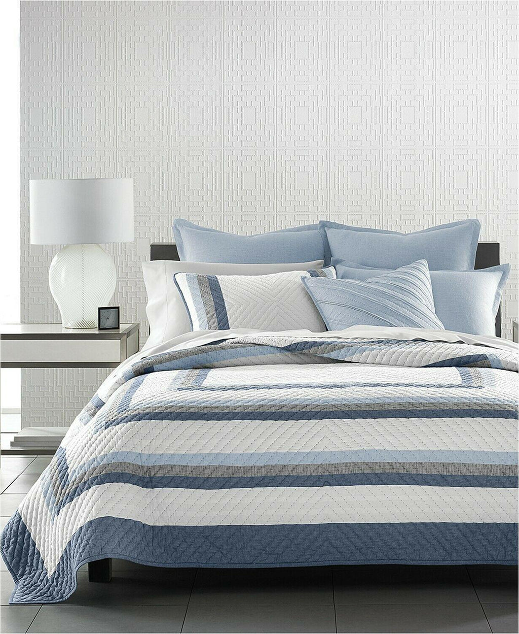Hotel Collection Frame Pieced Concentric Stripe Cotton Linen Quilt - - Blue