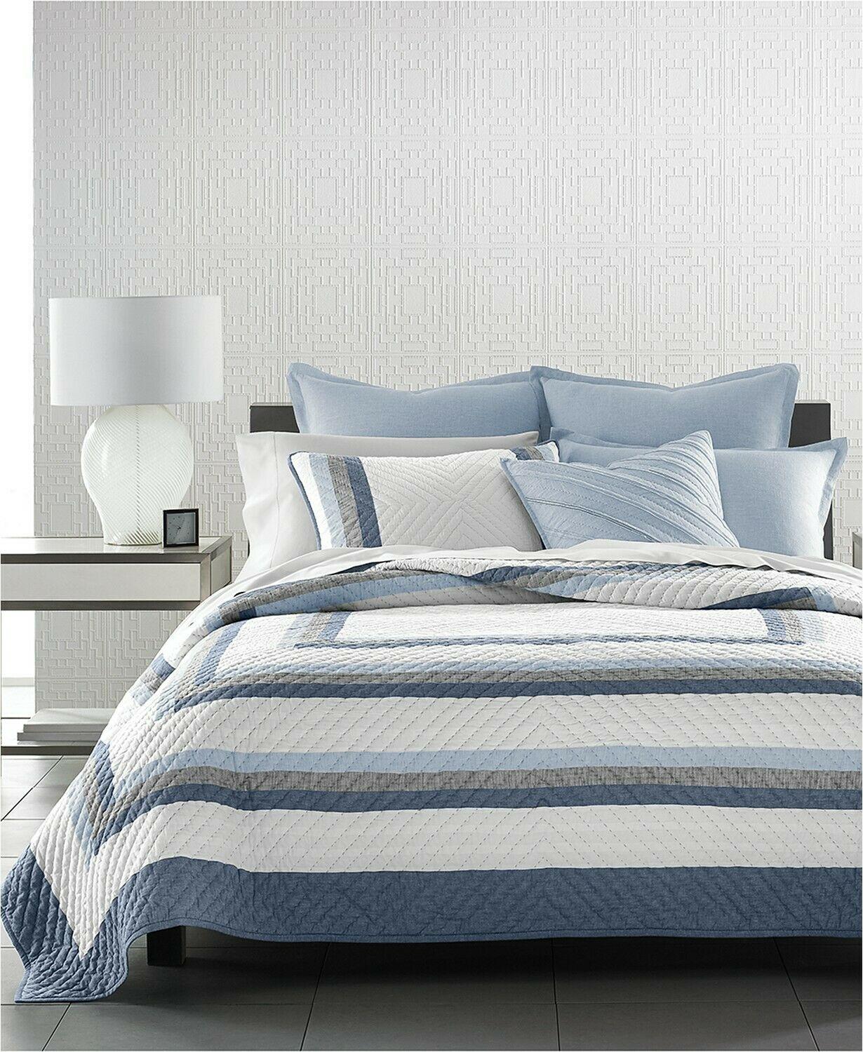 Hotel Collection Frame Pieced Concentric Stripe Cotton Linen Quilt - - Blue