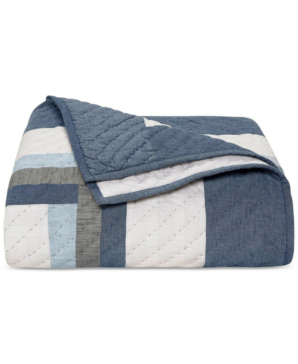 Hotel Collection Frame Pieced Concentric Stripe Cotton Linen Quilt - - Blue