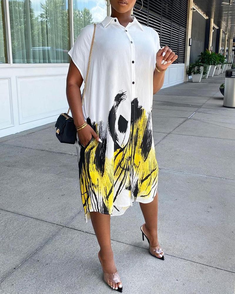 colorblock short sleeve button design shirt dress