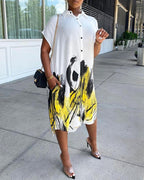 colorblock short sleeve button design shirt dress
