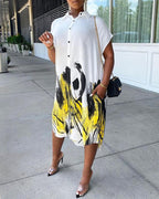 colorblock short sleeve button design shirt dress