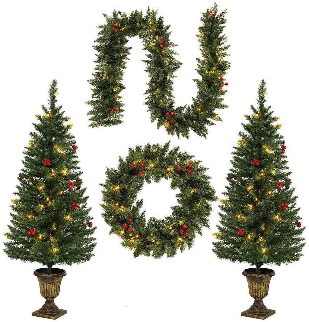 4FT Christmas Tree Garland Wreath Set, Decorative Bases 200 UL Certificated LED Lights, Artificial Xmas Spruce Tree Red Berries