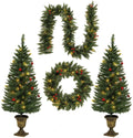 4FT Christmas Tree Garland Wreath Set, Decorative Bases 200 UL Certificated LED Lights, Artificial Xmas Spruce Tree Red Berries
