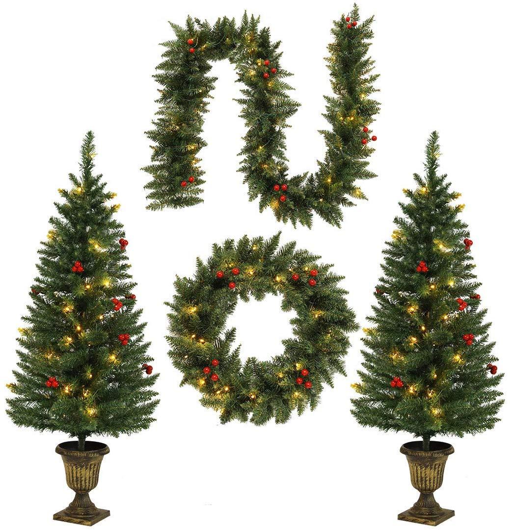 4FT Christmas Tree Garland Wreath Set, Decorative Bases 200 UL Certificated LED Lights, Artificial Xmas Spruce Tree Red Berries