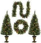 4FT Christmas Tree Garland Wreath Set, Decorative Bases 200 UL Certificated LED Lights, Artificial Xmas Spruce Tree Red Berries