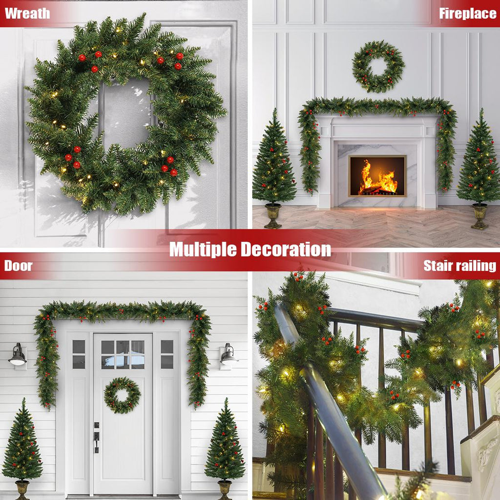 4FT Christmas Tree Garland Wreath Set, Decorative Bases 200 UL Certificated LED Lights, Artificial Xmas Spruce Tree Red Berries