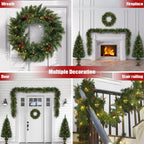 4FT Christmas Tree Garland Wreath Set, Decorative Bases 200 UL Certificated LED Lights, Artificial Xmas Spruce Tree Red Berries