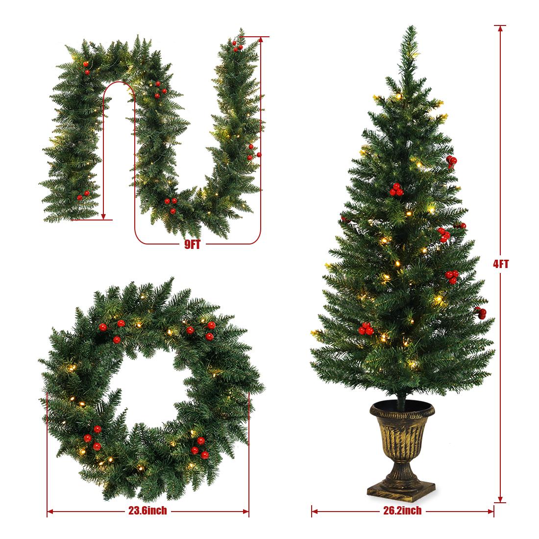 4FT Christmas Tree Garland Wreath Set, Decorative Bases 200 UL Certificated LED Lights, Artificial Xmas Spruce Tree Red Berries