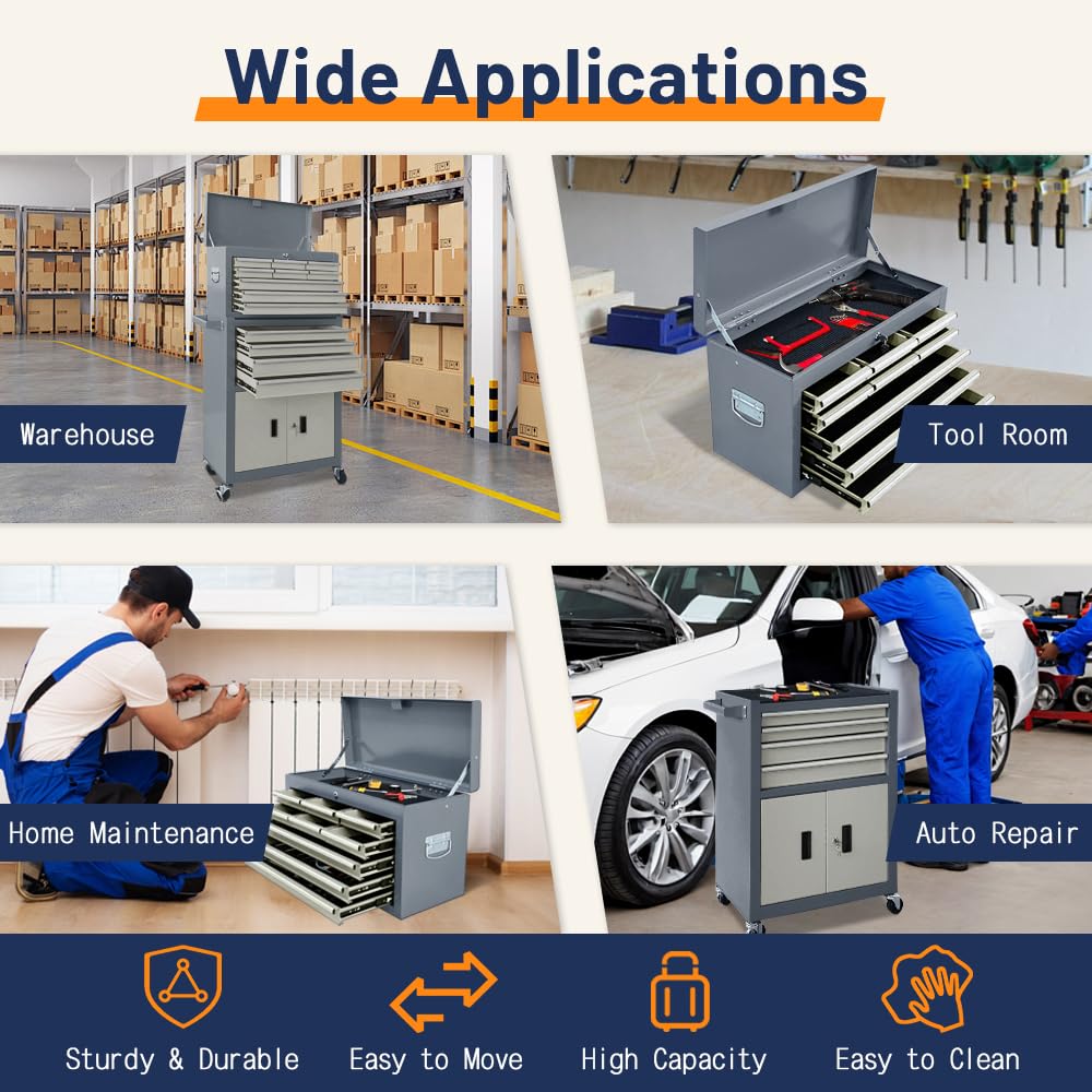 13-Drawer Double Door Rolling Tool Chest, 2 in 1 Detachable Tool Chest,Tool Box with Drawers and Wheels, LarTool Cabinet with Lock, Metal Standing Toolbox for GaraWorkshop-Gray&White