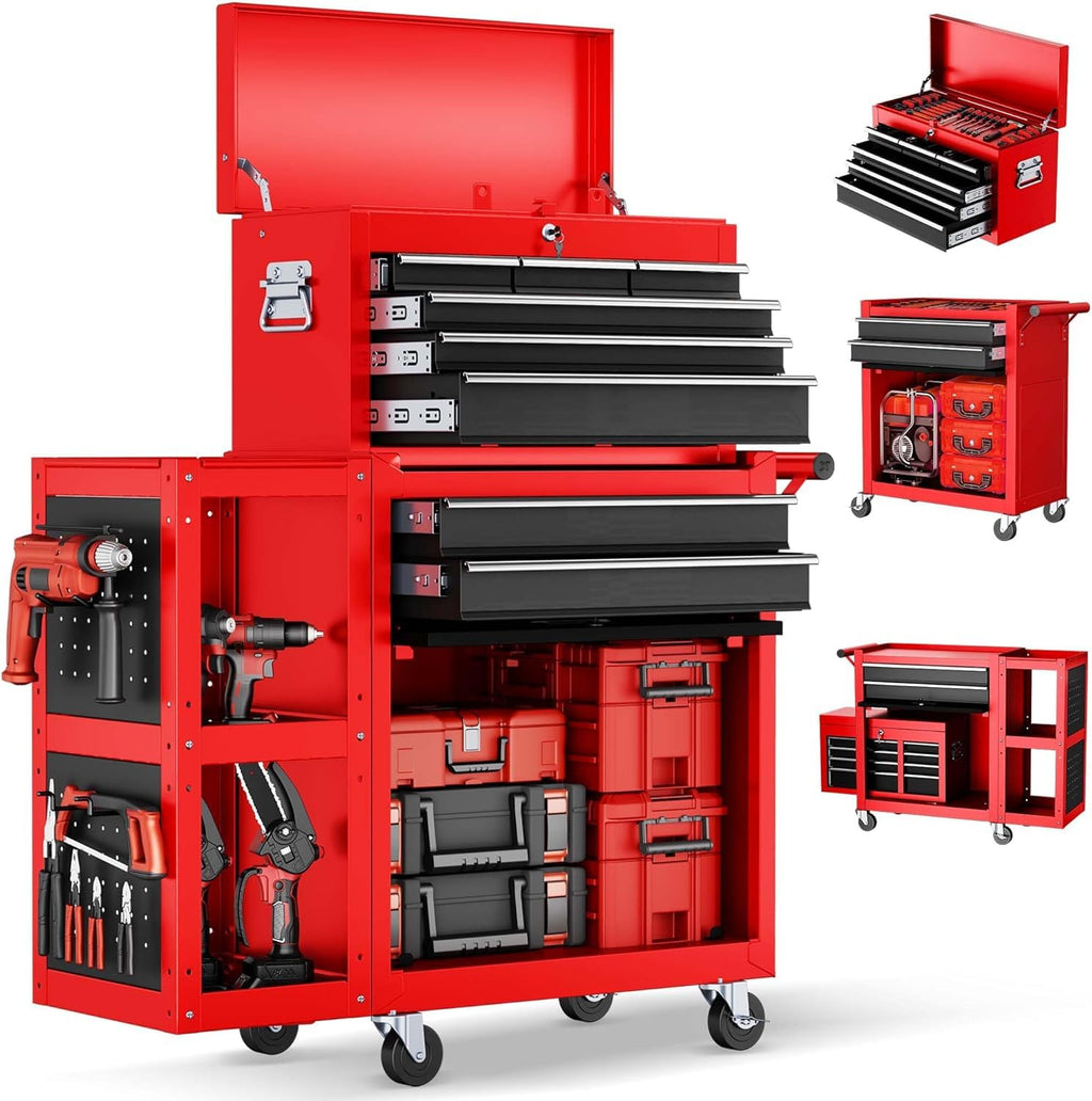 Heavy Duty 8 Drawer Rolling Tool Chest, 3-In-1 Modular Tool Box Set with Detachable 4-Tire Utility Cart, Lockable Workshop Tool Cabinet with Protective Liner, 35”W x 13”D x 43”H Industrial Warehouse