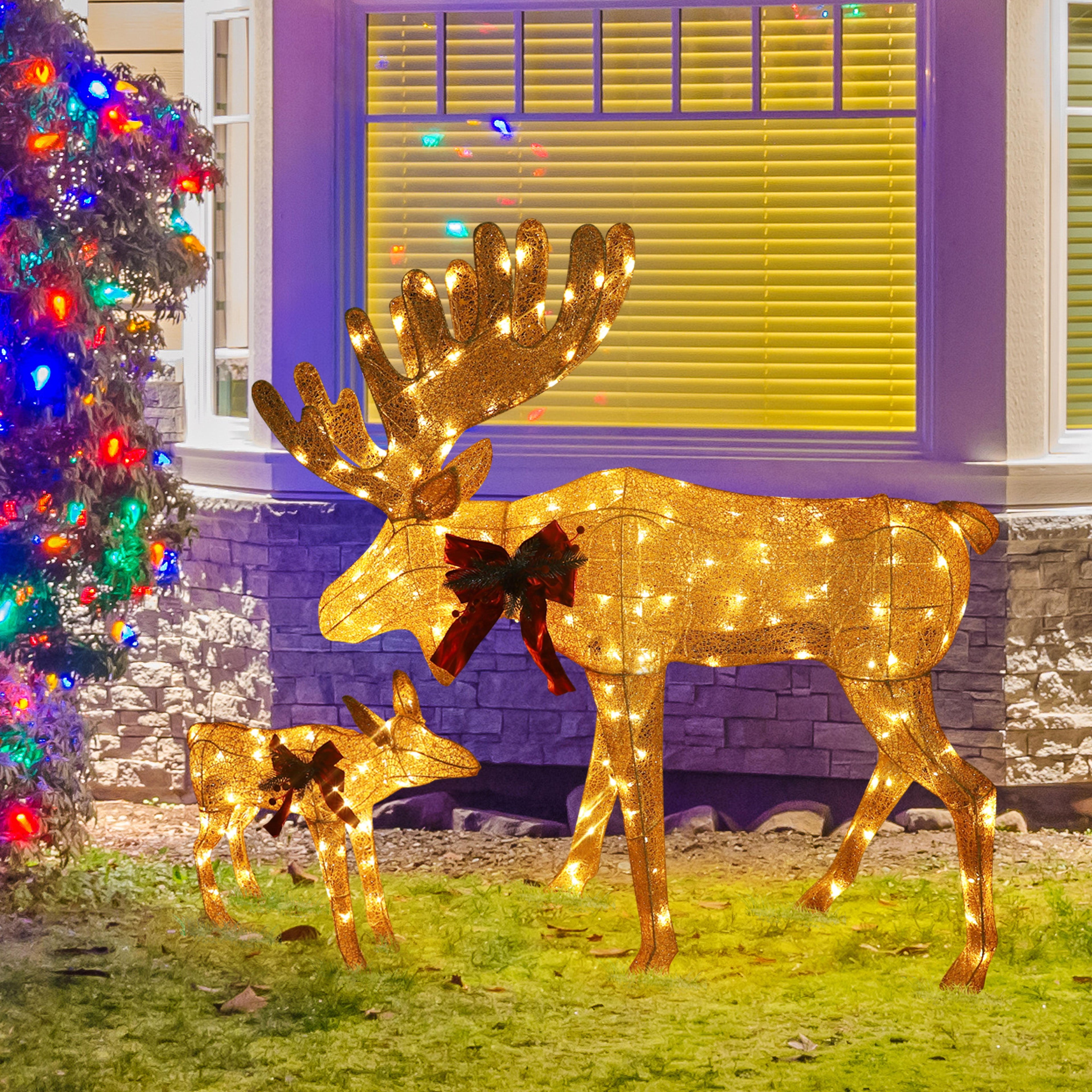 VEIKOUS Lighted Moose Family Outdoor Christmas Decoration for Yard with Stakes and Zip Ties, Gold