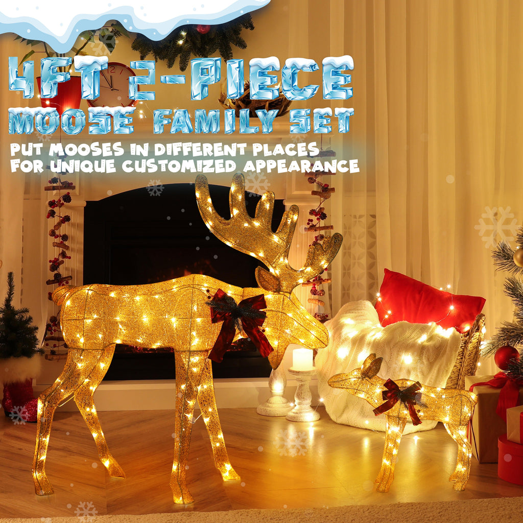 VEIKOUS Lighted Moose Family Outdoor Christmas Decoration for Yard with Stakes and Zip Ties, Gold
