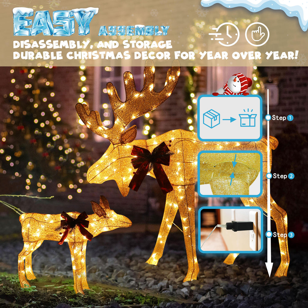 VEIKOUS Lighted Moose Family Outdoor Christmas Decoration for Yard with Stakes and Zip Ties, Gold