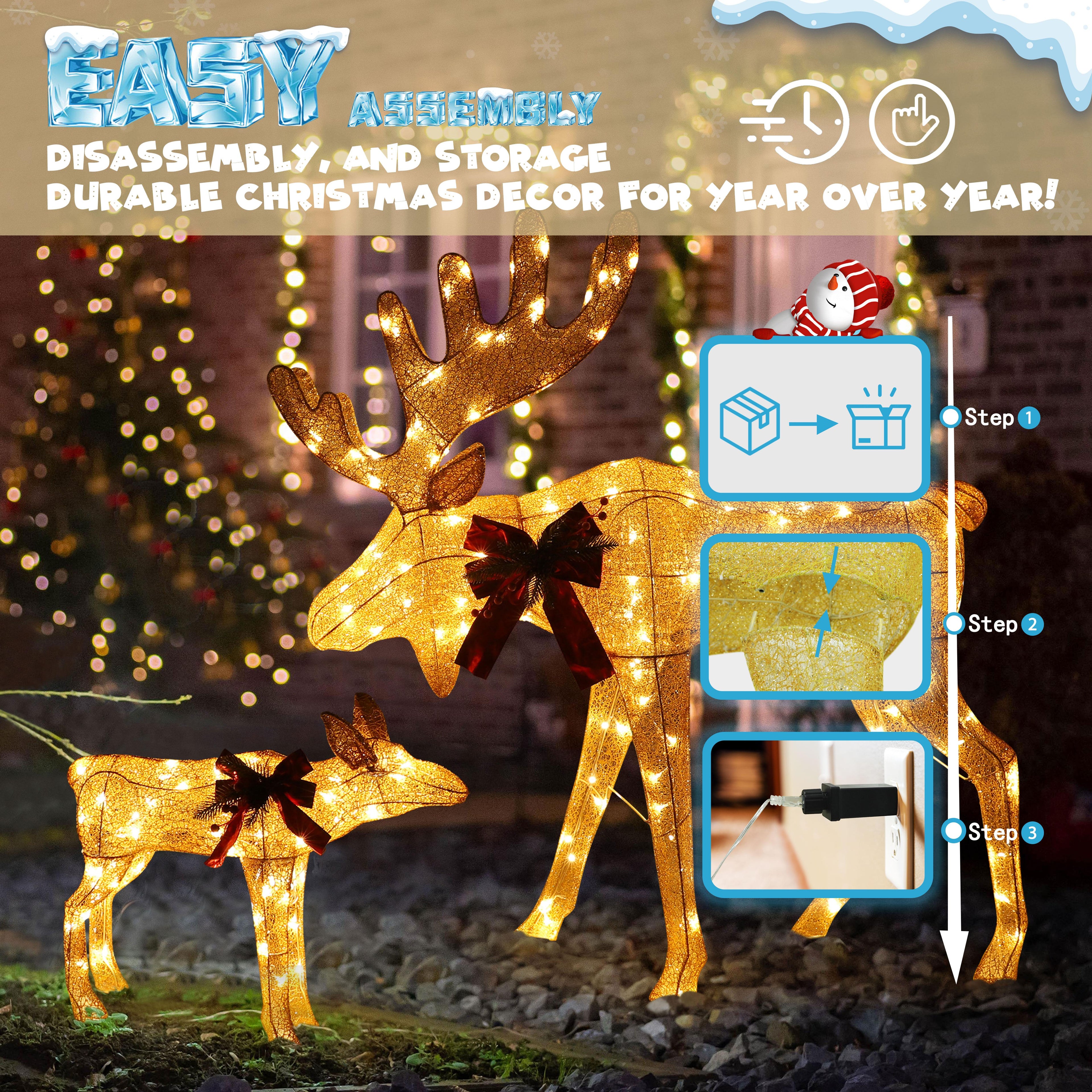 VEIKOUS Lighted Moose Family Outdoor Christmas Decoration for Yard with Stakes and Zip Ties, Gold