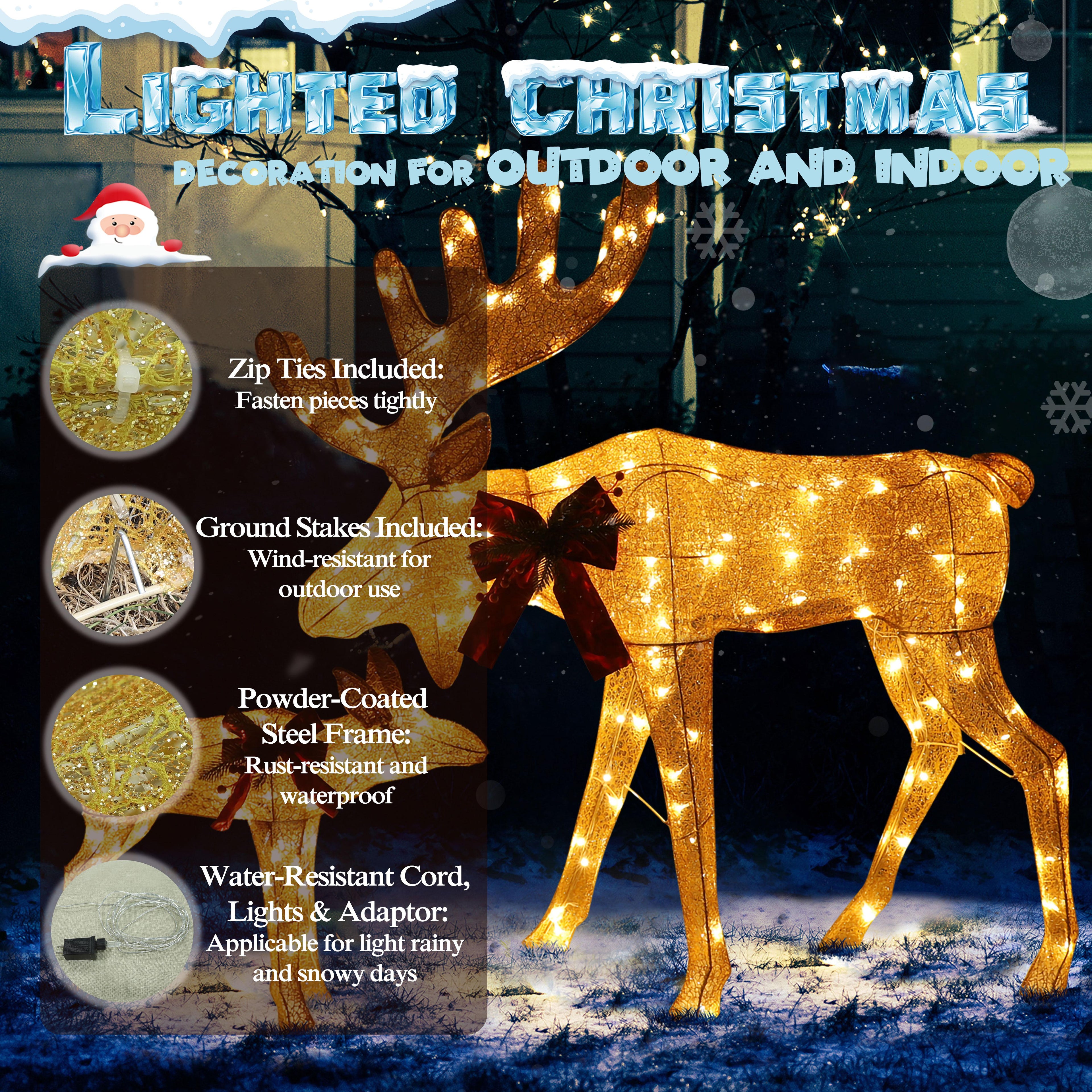 VEIKOUS Lighted Moose Family Outdoor Christmas Decoration for Yard with Stakes and Zip Ties, Gold