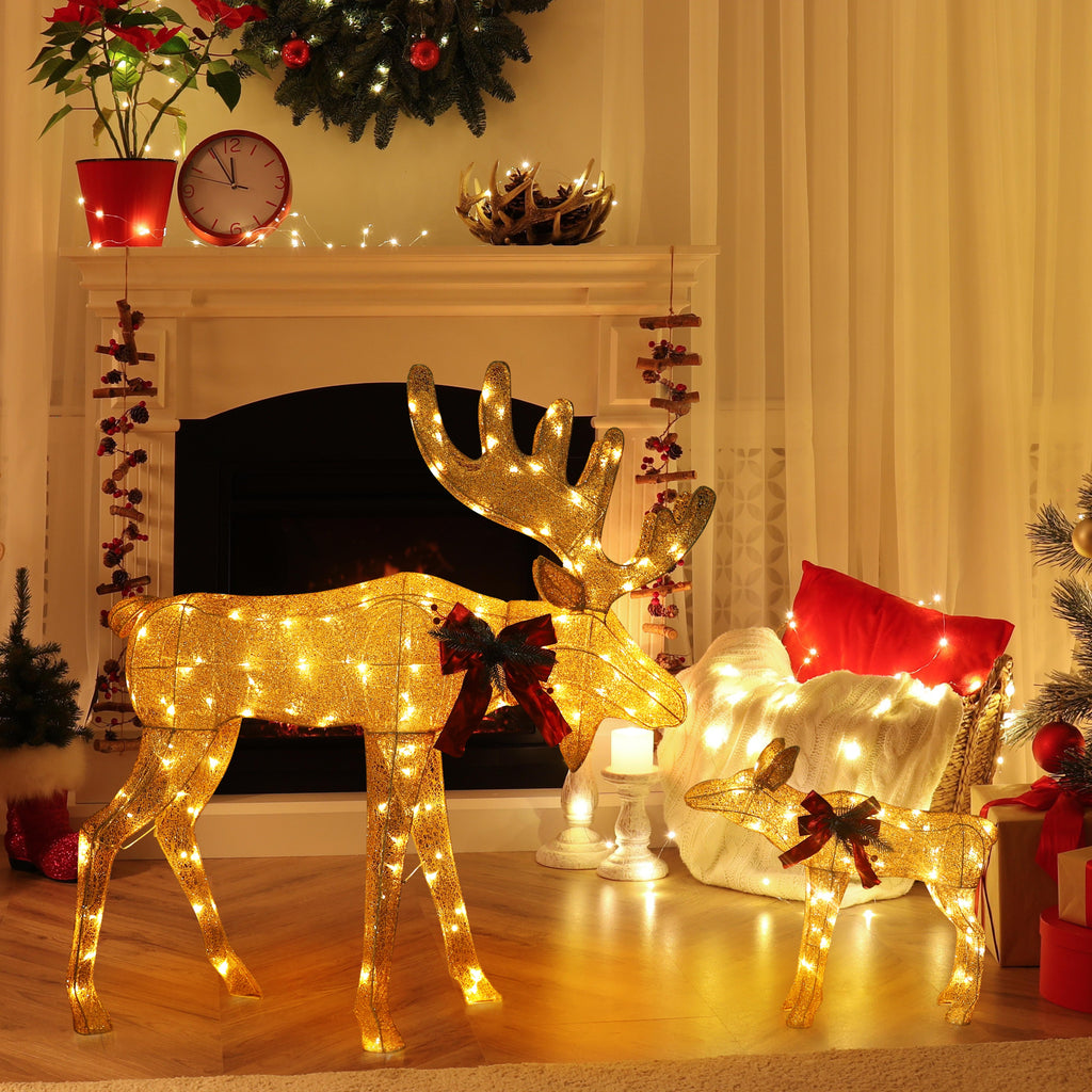 VEIKOUS Lighted Moose Family Outdoor Christmas Decoration for Yard with Stakes and Zip Ties, Gold