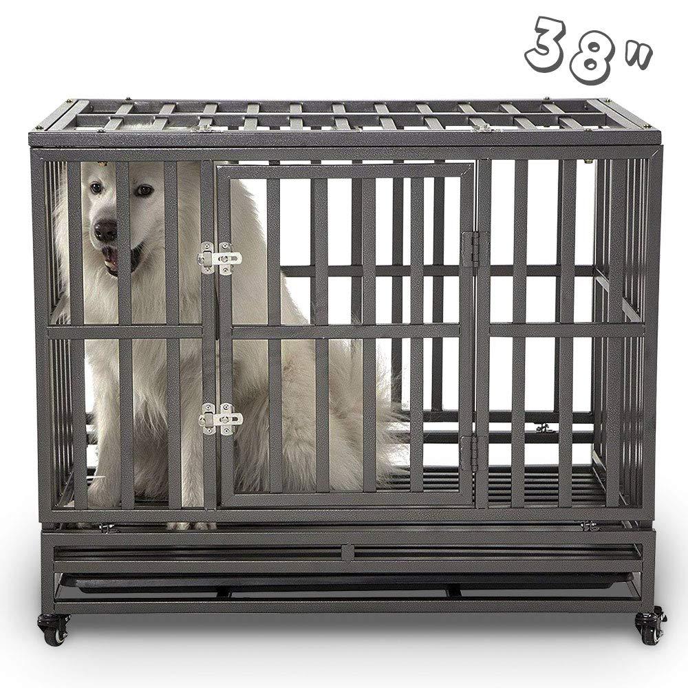 SMONTER Heavy Duty Dog Crate Strong Metal Pet Kennel Playpen with Two Prevent Escape Lock, LarDogs Cawith Wheels