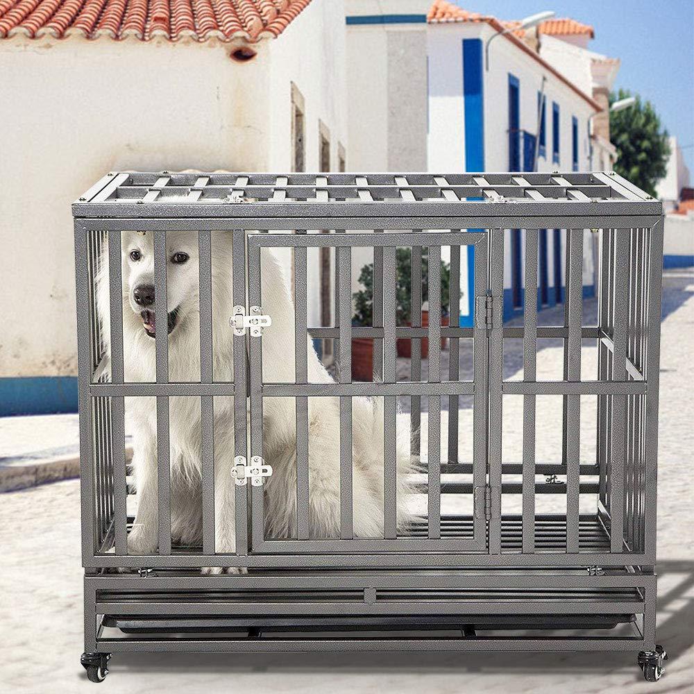 SMONTER Heavy Duty Dog Crate Strong Metal Pet Kennel Playpen with Two Prevent Escape Lock, LarDogs Cawith Wheels