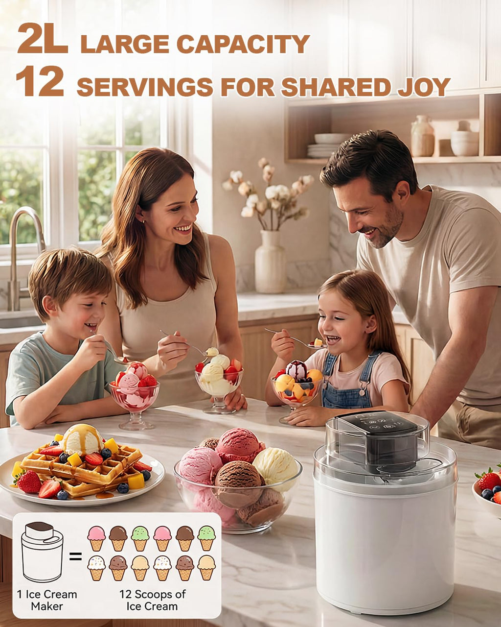 Ice Cream Maker Machine – 2.1 Quart Ice Cream Machine for Gelato, Sorbet & Frozen Yogurt, Pre-Freeze Bowl, LCD Screen and Timer, Perfect for 6-10 Servings, Easy to Use & Clean