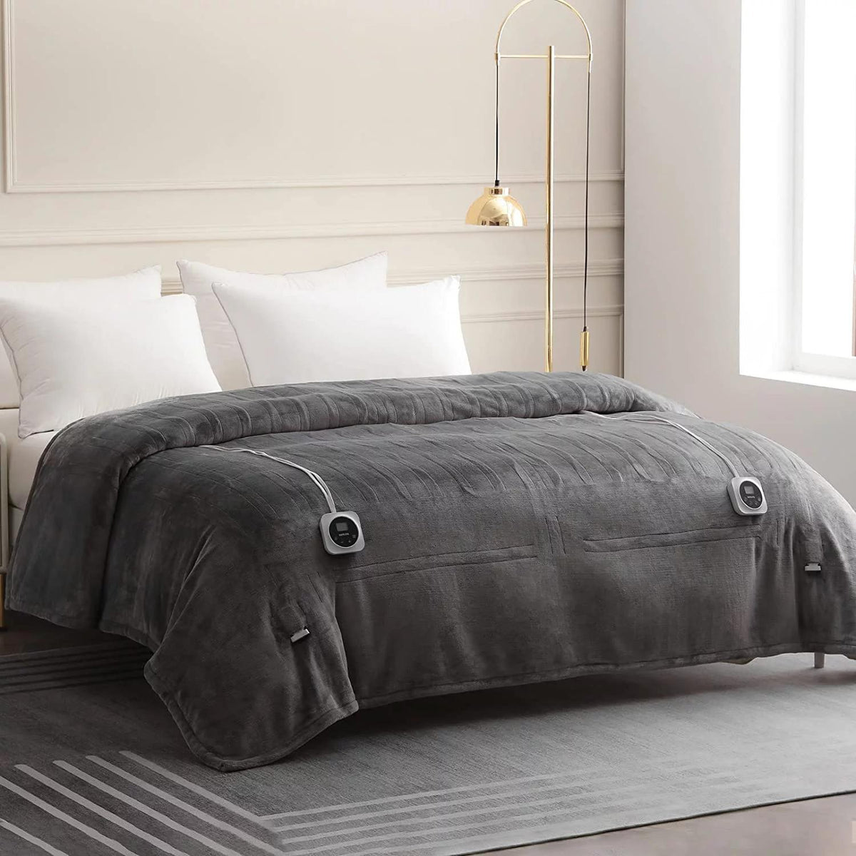 Blanket Queen Size Dual Control, Heated Blanket with 1-12H Timer Auto-Off &amp; 10 Heating Levels, Fast Heating Blanket Machine Washable, Home Office Use ETL Certified, Grey (84x90)