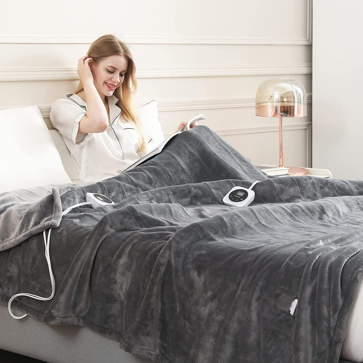 Blanket Queen Size Dual Control, Heated Blanket with 1-12H Timer Auto-Off &amp; 10 Heating Levels, Fast Heating Blanket Machine Washable, Home Office Use ETL Certified, Grey (84x90)
